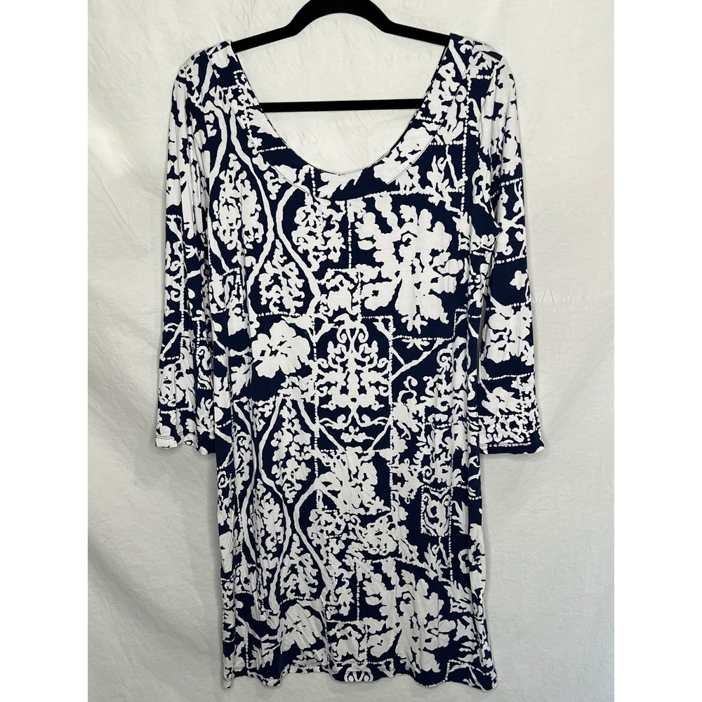 Tori Richard Honolulu Jersey Shift Dress XL Blue White Floral Tropical Beach USA